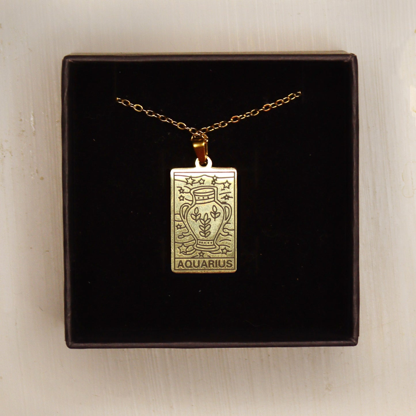 Aquarius birthday gift necklace-pendant, Zodiac star-sign jewellery gifts from our Melbourne Metaphysical store. Unique astrological celestial, esoteric, spiritual gift for the Aquarian in your life.  Placed in a beautiful black box. 
