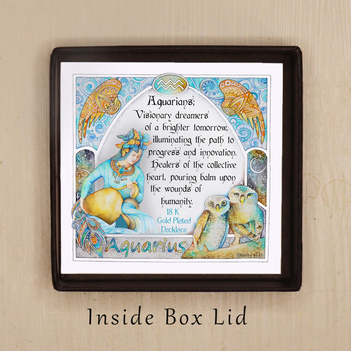 Aquarius birthday gift necklace-pendant, Zodiac star-sign jewellery gifts from our Melbourne Metaphysical store. Unique astrological celestial, esoteric, spiritual gift for the Aquarian in your life.  This image of a poem and artwork is from the inside of the box lid.