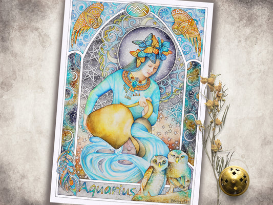 Aquarius birthday gifts, Art Nouveau Zodiac Star Sign hand-painted watercolor wall art prints, The water bearer, element of air,