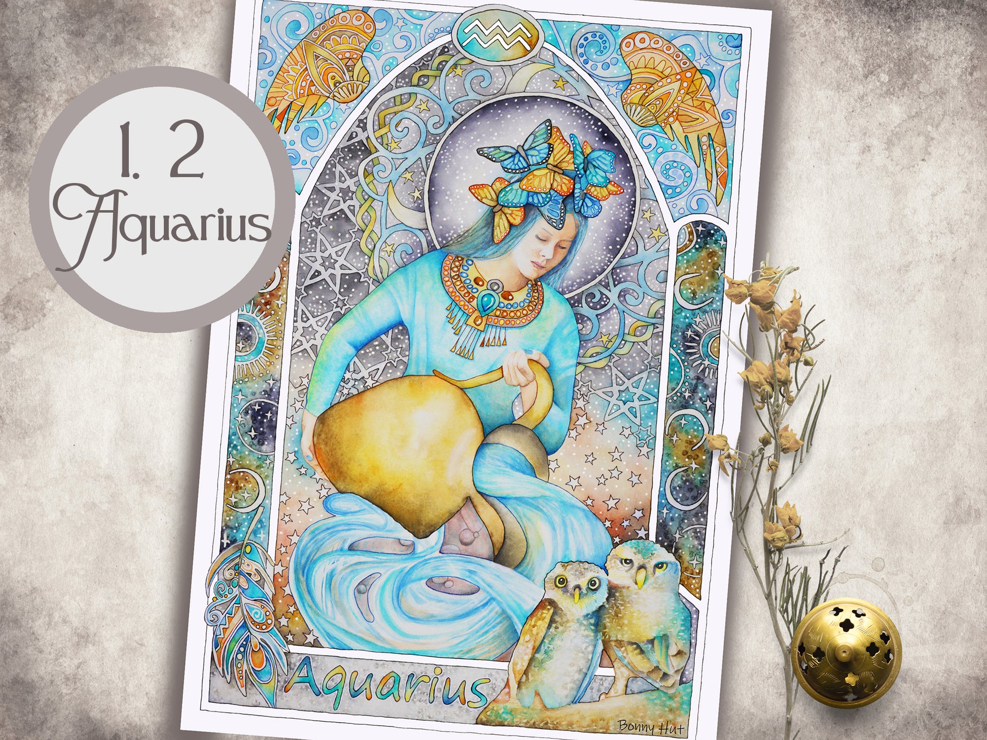 Aquarius Celestial watercolor wall art prints for sale, Art Nouveau Zodiac Star Sign birthday gifts from our Metaphysical store.