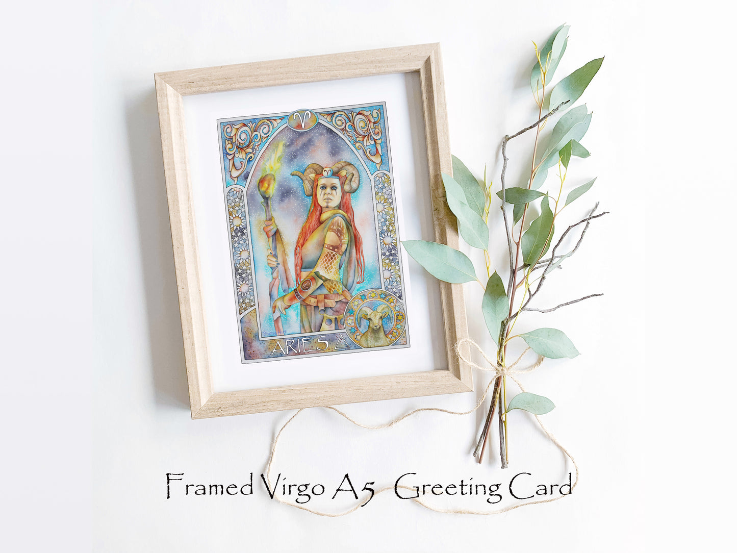 Aries Star sign Birthday Card. Zodiac Celestial Art Nouveau watercolor art folded cards. Framed card. 
