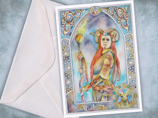 Aries Star sign Birthday Card. Zodiac Celestial Art Nouveau watercolor art folded cards.