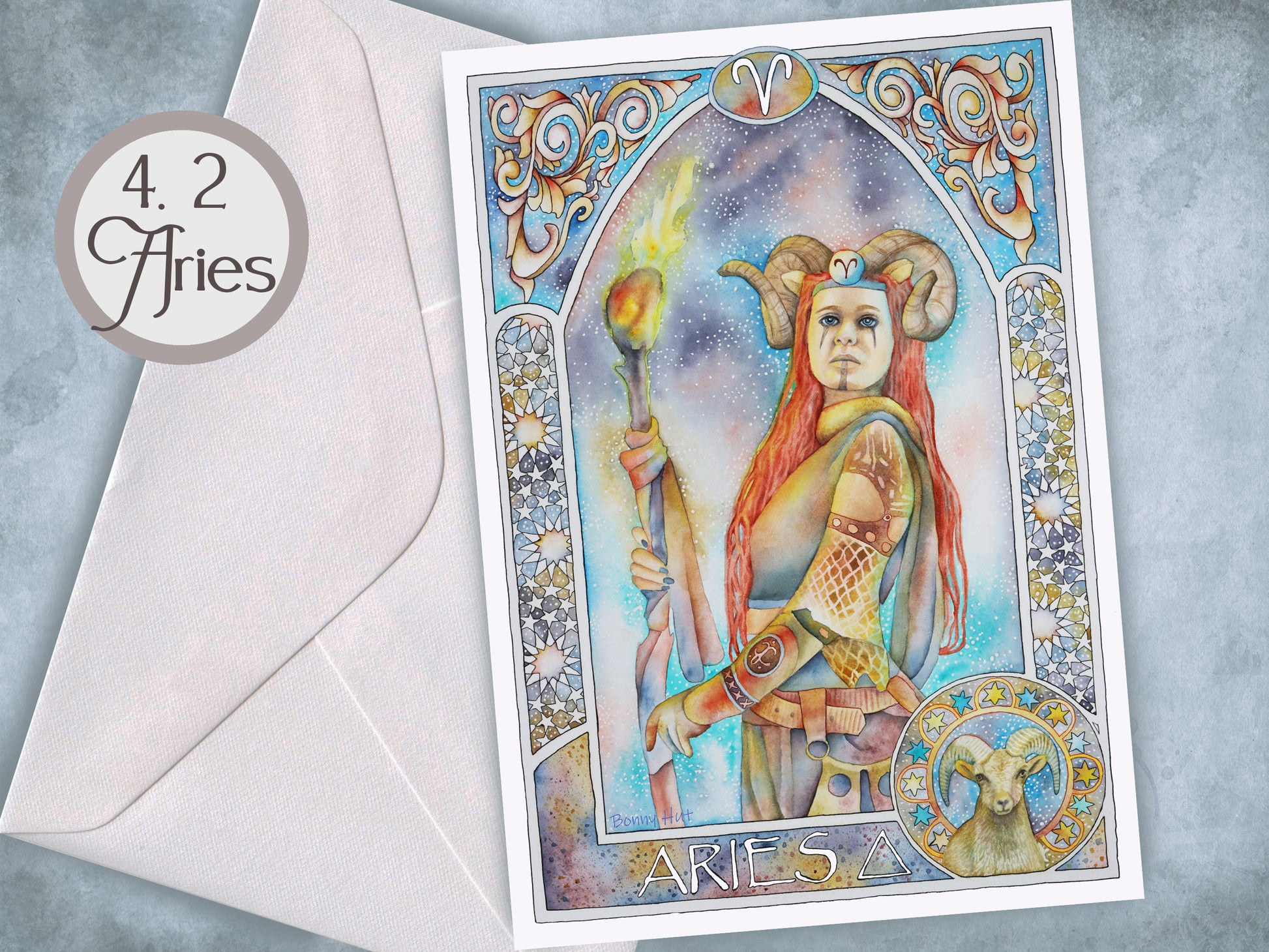 Aries - 12 Star sign Birthday Card set. Zodiac Celestial Art Nouveau watercolor art folded cards pack or mixed option to choose from. 