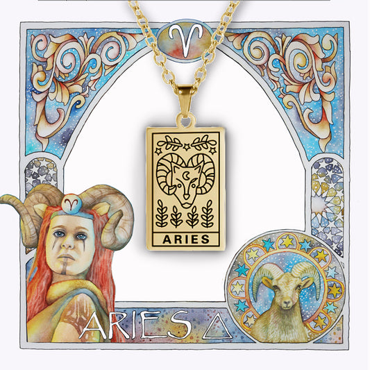 Aries birthday gift necklace-pendant, Zodiac star-sign jewellery with a beautiful watercolor border. 