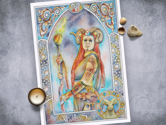 Aries birthday gifts, Aries watercolor painting wall art prints, Art Nouveau Zodiac Star Sign poster