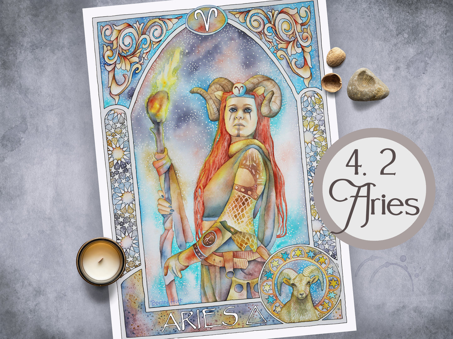 Aries Celestial watercolor wall art prints for sale, Art Nouveau Zodiac Star Sign birthday gifts from our Metaphysical store.