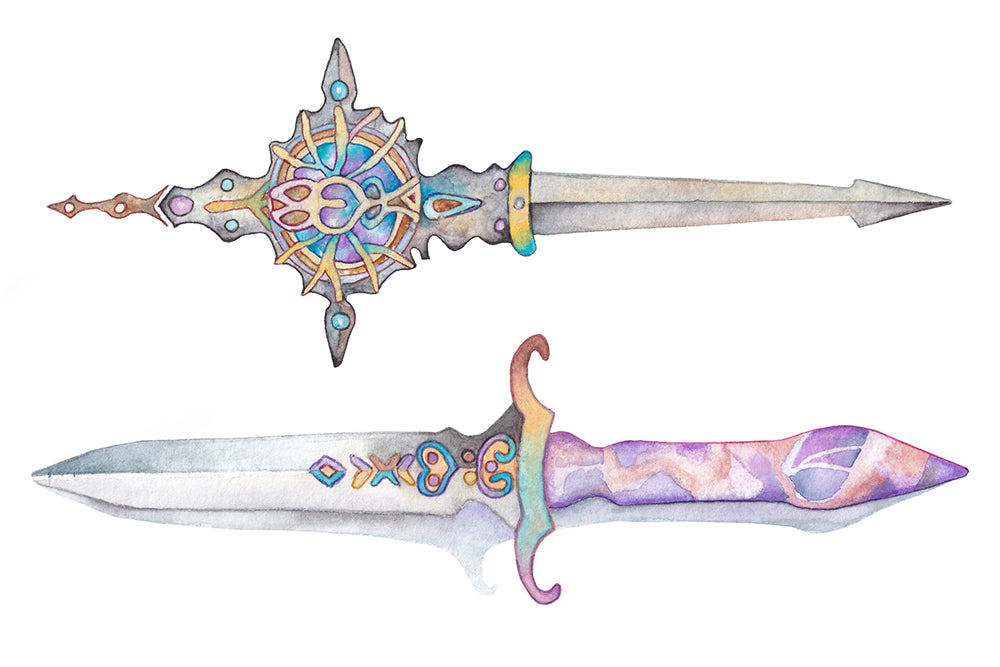 Decorative dagger / athame with colorful design on a white background. Wiccan, pagan clipart instant download from hand-painted watercolor paintings. Great for journals pagan products, book of shadows and creating your own witch gifts. 