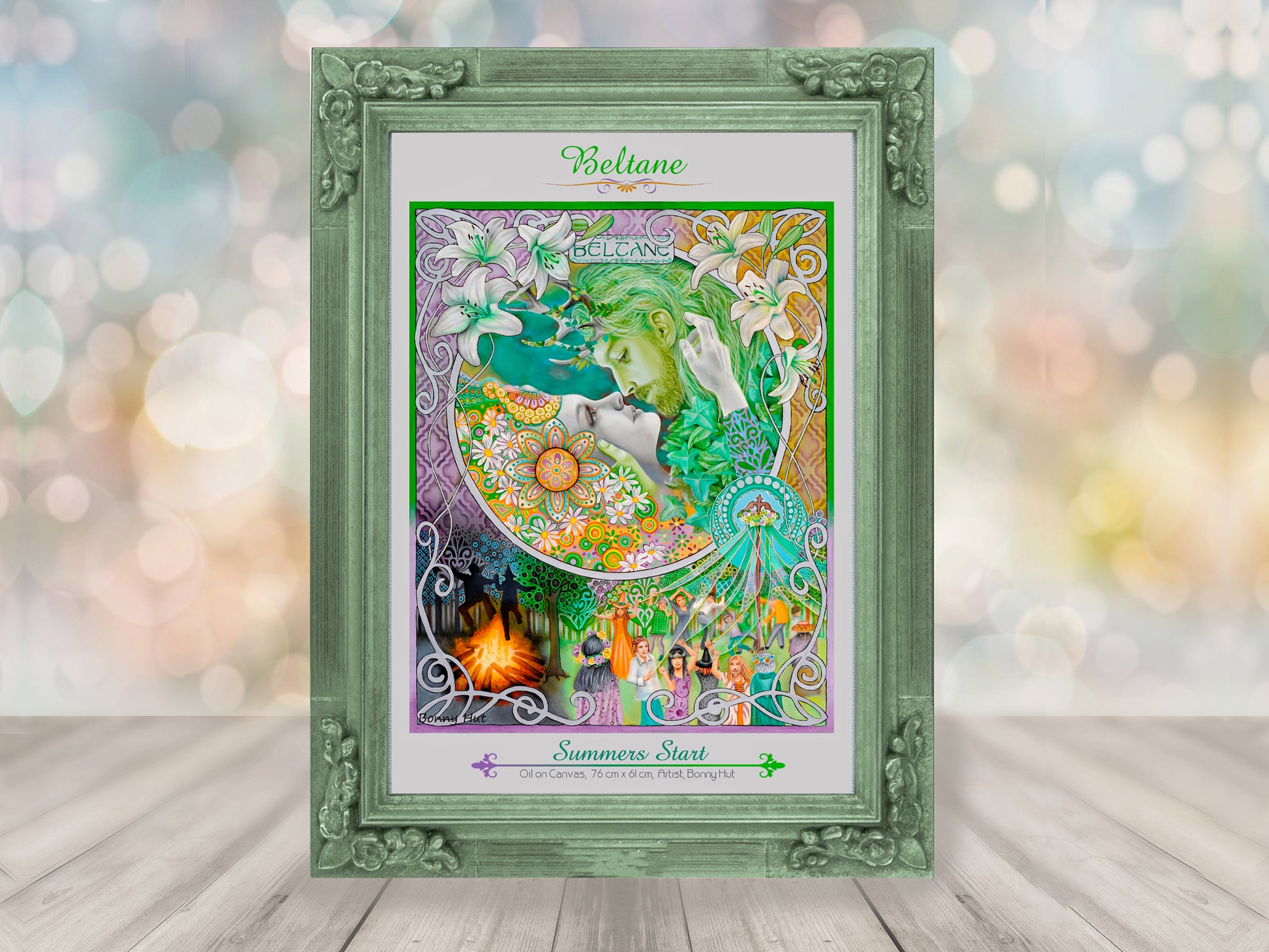 Beltane  A3 Giclee art print framed - Wiccan Wheel of the Year - 8 Pagan Sabbats. Wedding handfasting of the may-queen and the greenman