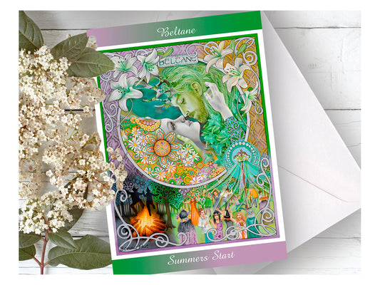 Beltane art Nouveau greeting cards - Wiccan Wheel of the Year Pagan Sabbat  for weddings and Handfastings with the May Queen and Greenman