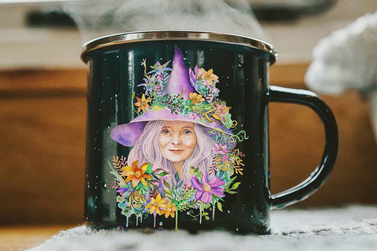 Black mug with a colorful design of a witch wearing a witches hat and flowers, sitting on a surface.

Downloadable, printable clip art reproduced from a hand-painted wiccan / pagan watercolor painting. An instant-access digital product.