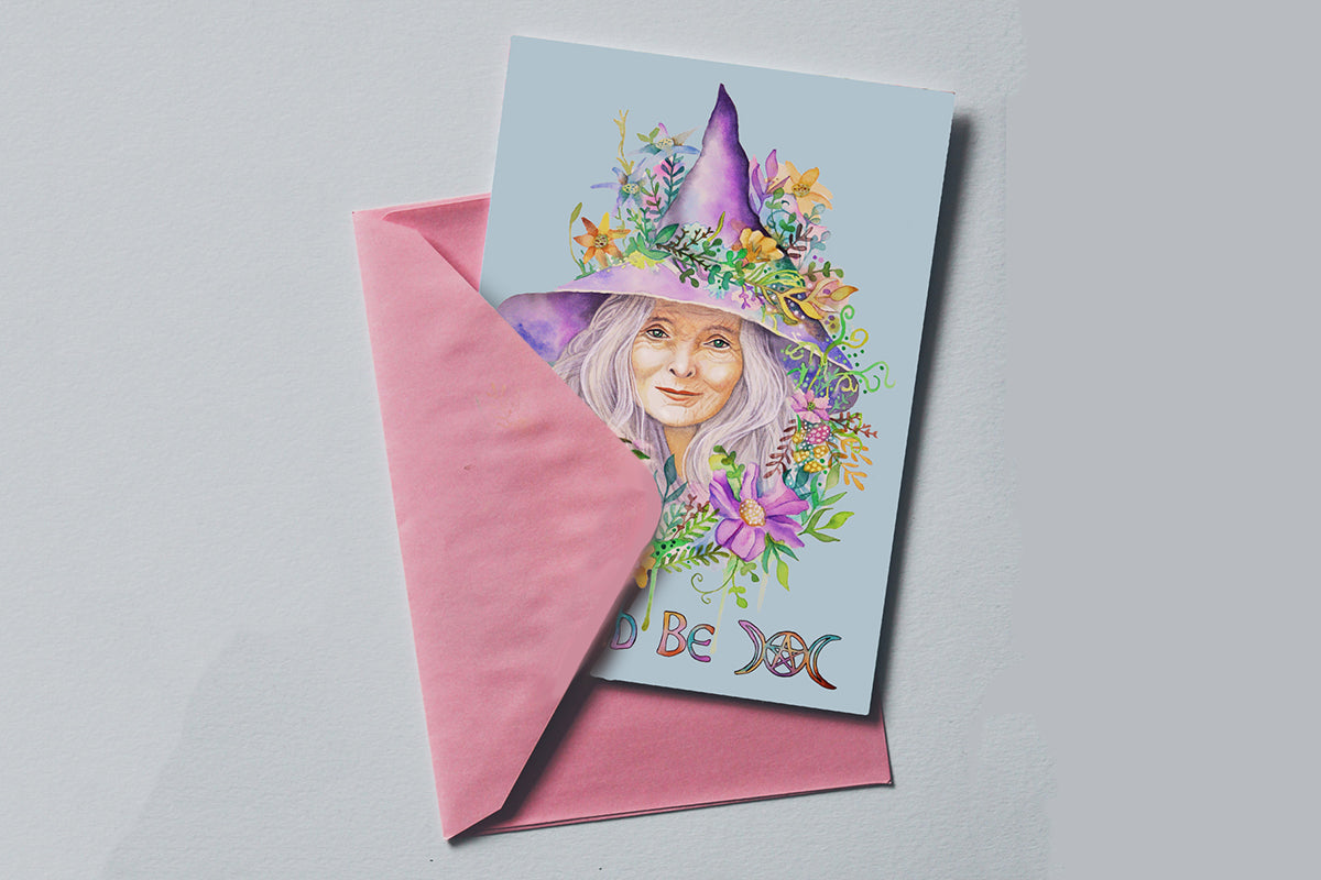 Greeting card with a witch illustration and pink envelope on a gray background.

Downloadable, printable clip art reproduced from a hand-painted wiccan / pagan watercolor painting. An instant-access digital product.