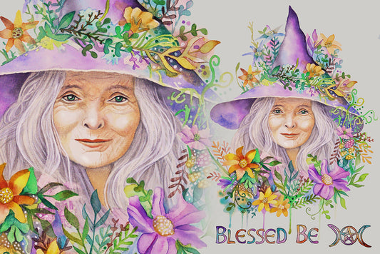 Portrait Illustration of a witchy woman with a floral witches hat and flowers around her, with 'Blessed Be' text. 

Downloadable, printable clip art reproduced from a hand-painted wiccan / pagan watercolor painting. Instant access digital product. 