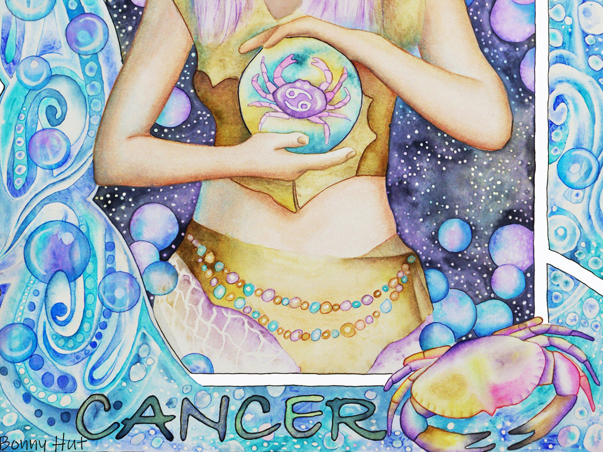 Cancer Star sign Birthday Card from our Metaphysical store. Zodiac Celestial Art Nouveau watercolor art folded cards. Detail of the painting.