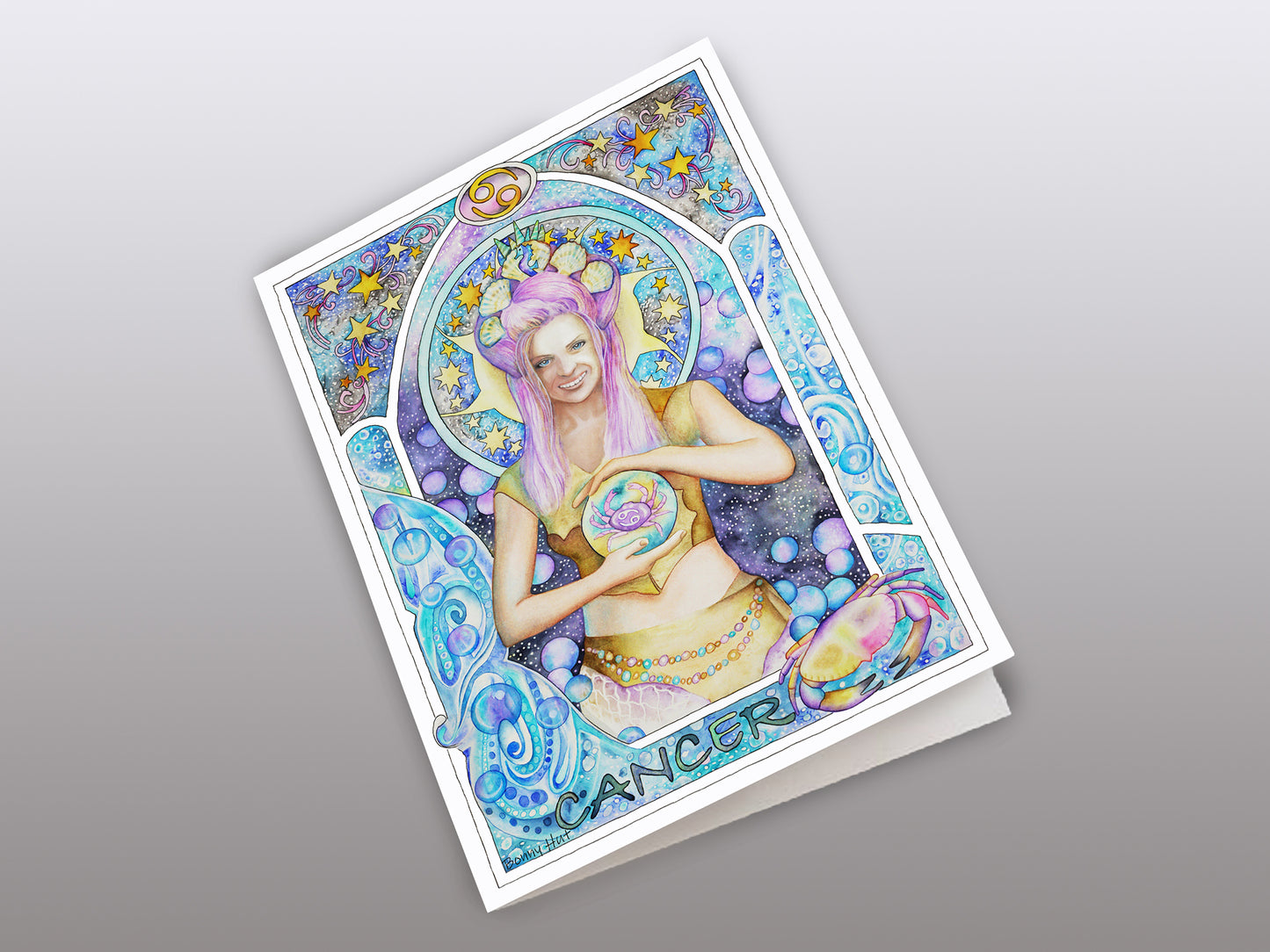 Cancer Star sign Birthday Card. Zodiac Celestial Art Nouveau watercolor art folded cards. Front of card.