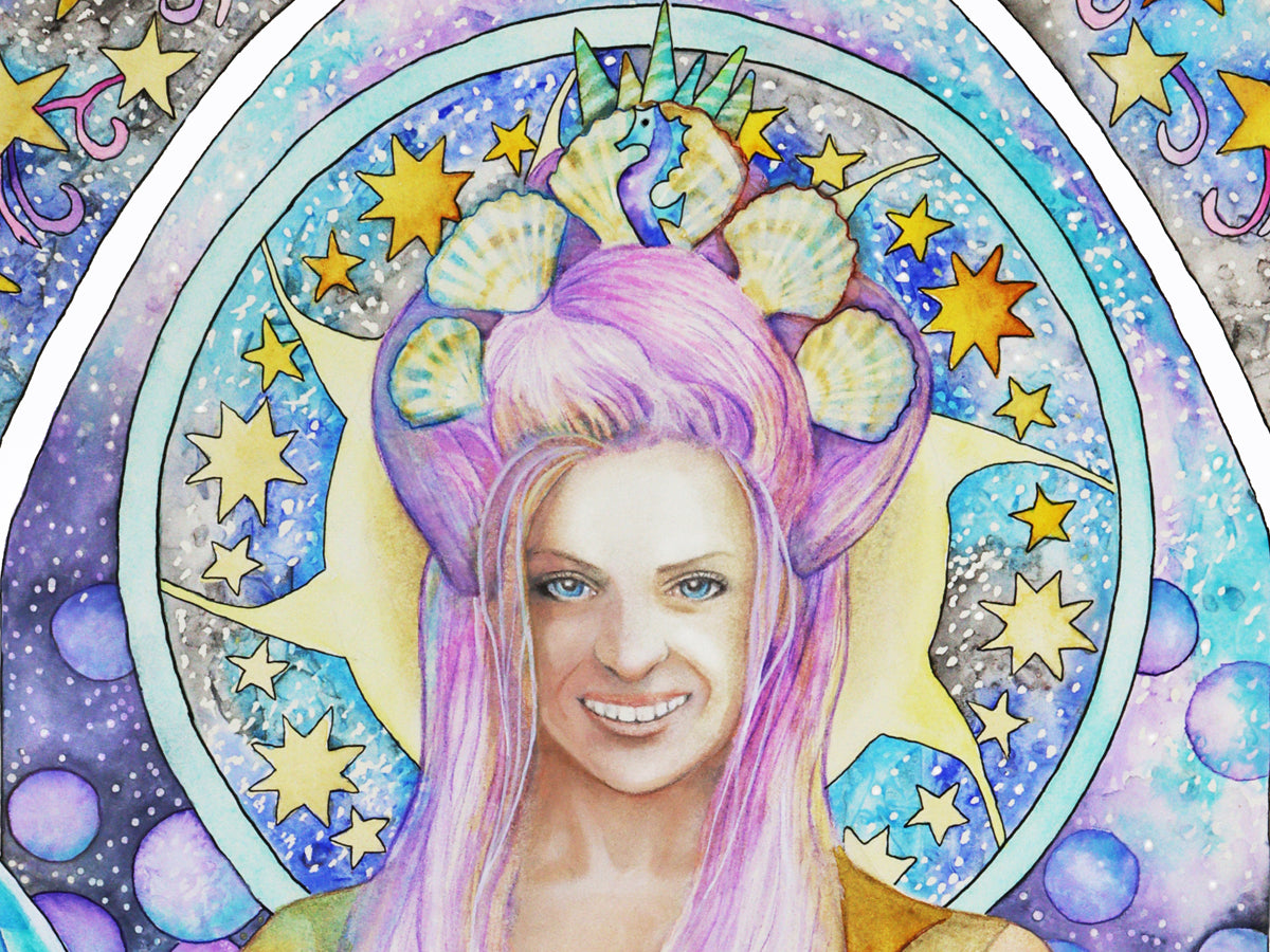 Cancer Star sign Birthday Card from our Metaphysical store. Zodiac Celestial Art Nouveau watercolor art folded cards. Portrait painting detail.