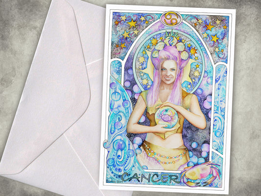 Cancer Star sign Birthday Card. Zodiac Celestial Art Nouveau watercolor art folded cards.