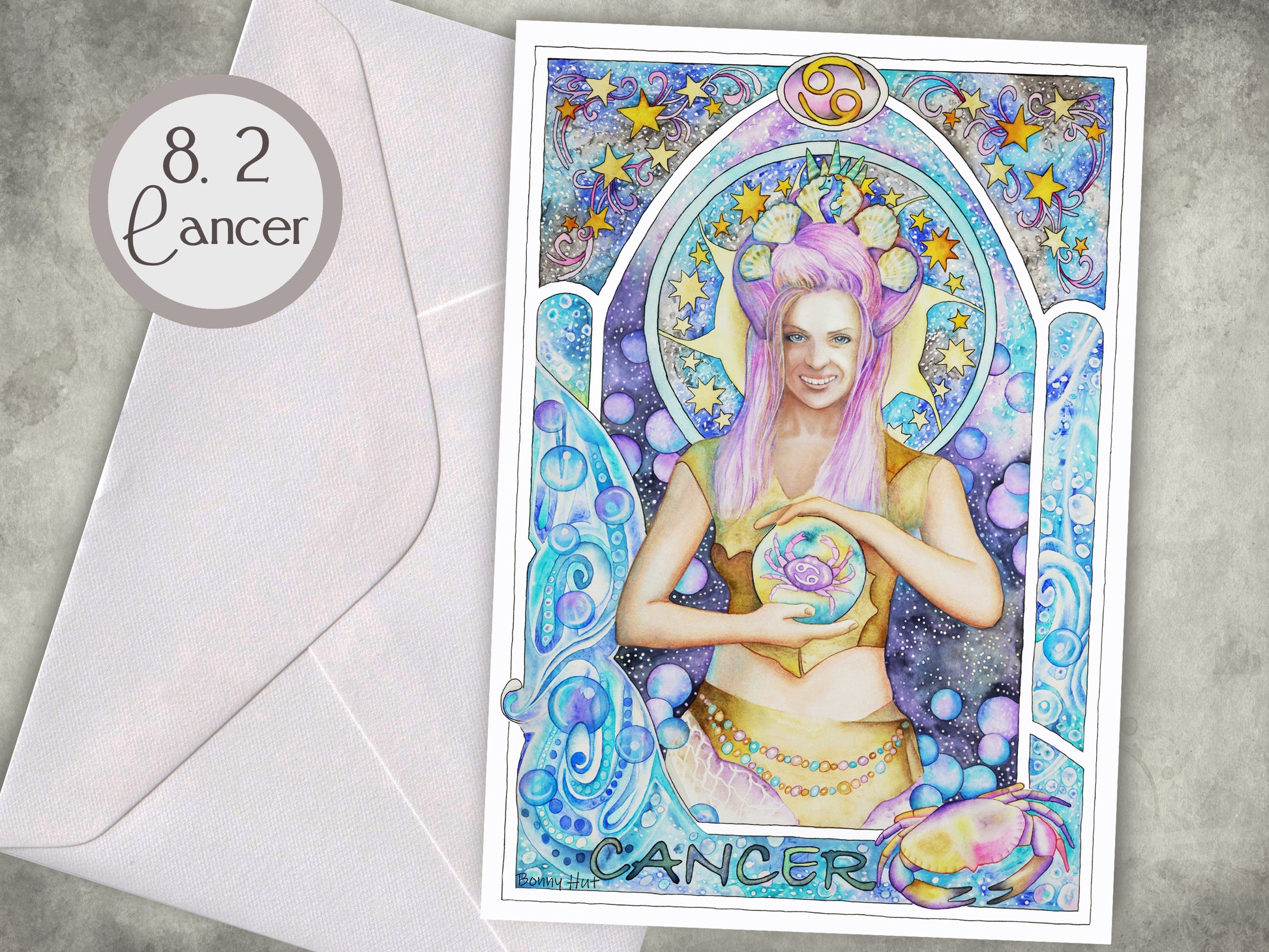 Cancer - 12 Star sign Birthday Card set. Zodiac Celestial Art Nouveau watercolor art folded cards pack or mixed option to choose from. 