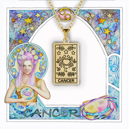 Cancer birthday gift necklace-pendant, Zodiac star-sign jewellery in an art nouveau watercolor border