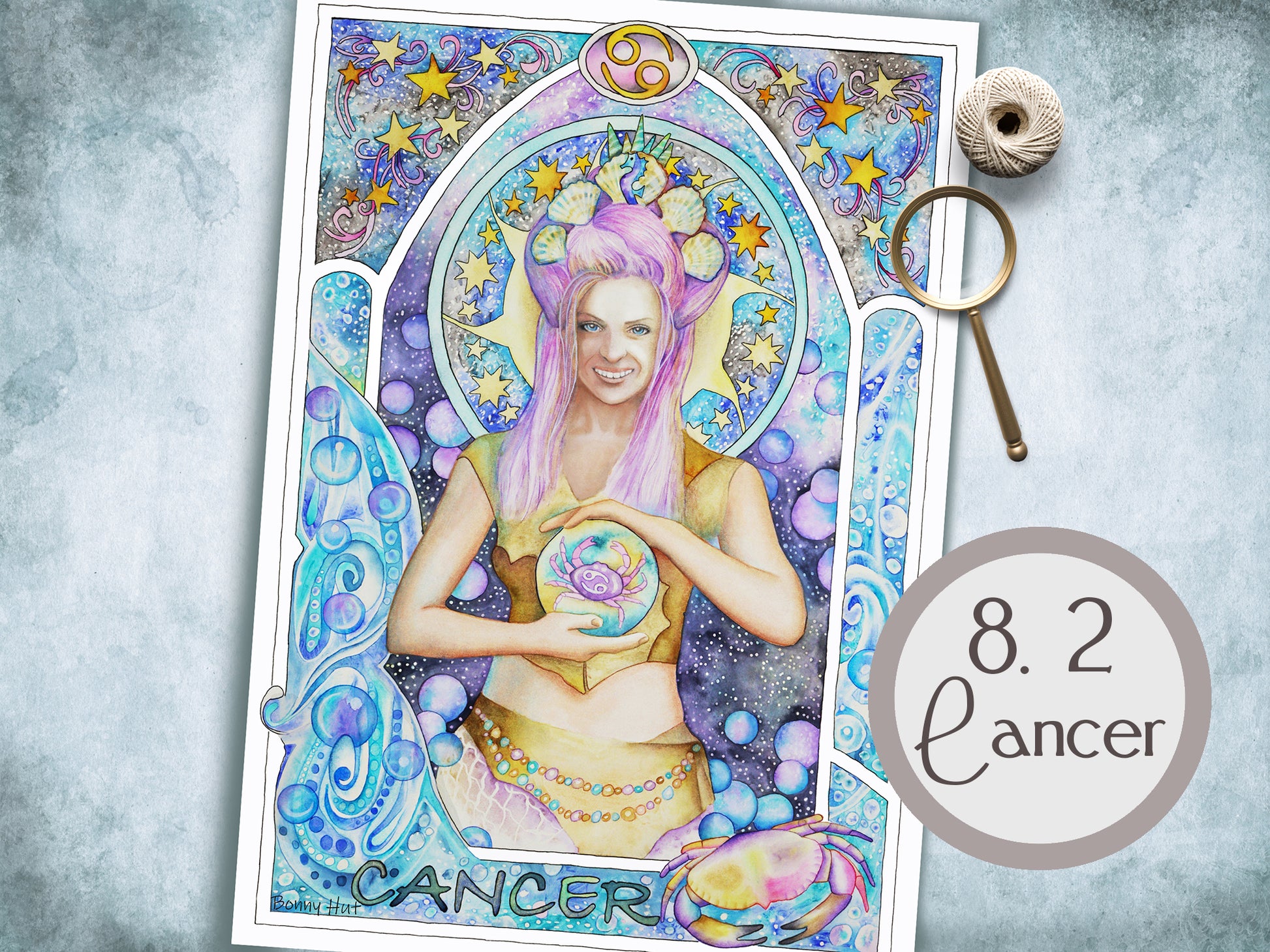 Cancer Celestial watercolor wall art prints for sale, Art Nouveau Zodiac Star Sign birthday gifts from our Metaphysical store.