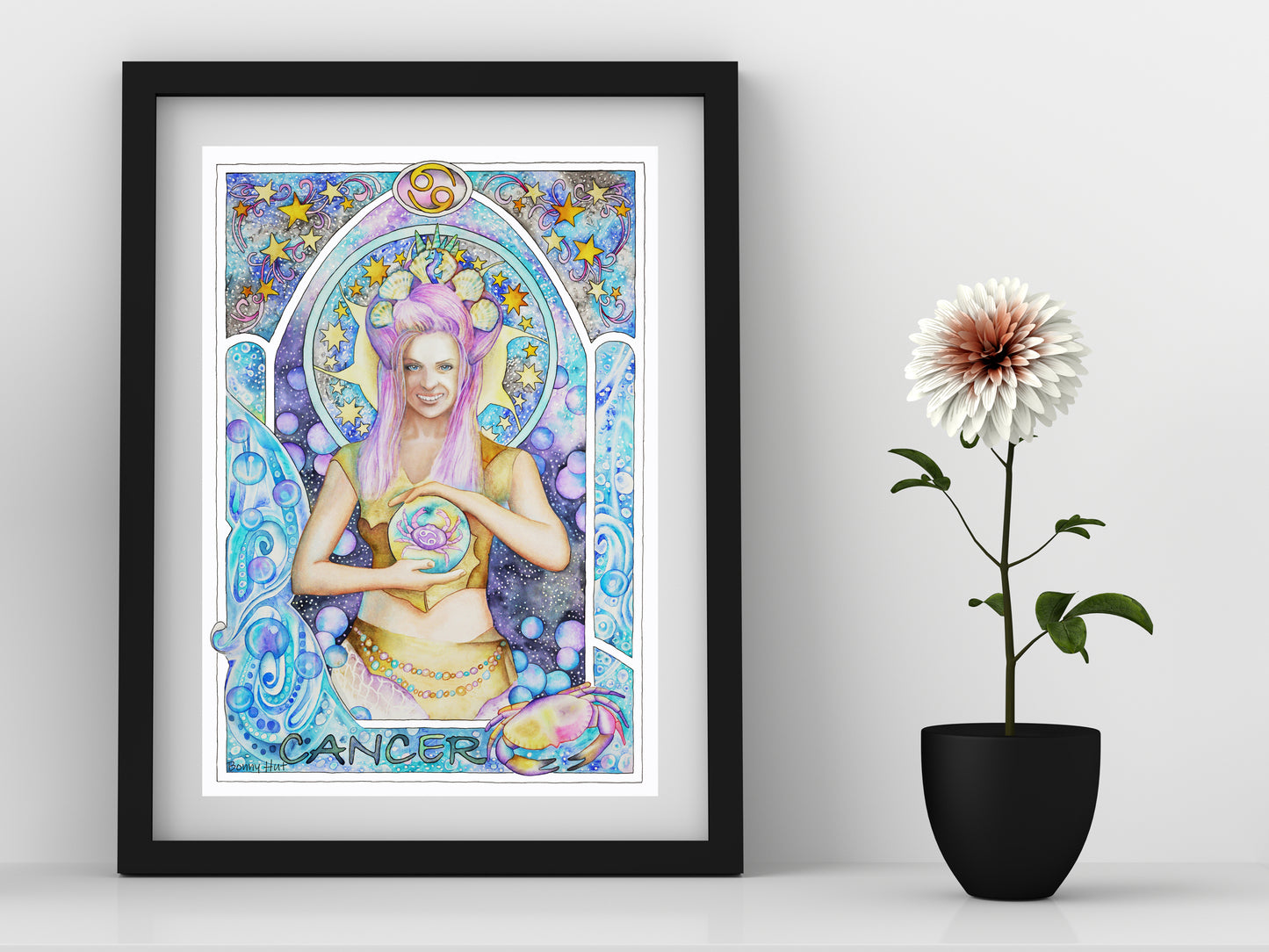 Cancer watercolor framed wall art prints, Art Nouveau Zodiac Star Sign birthday gifts from our Metaphysical store.