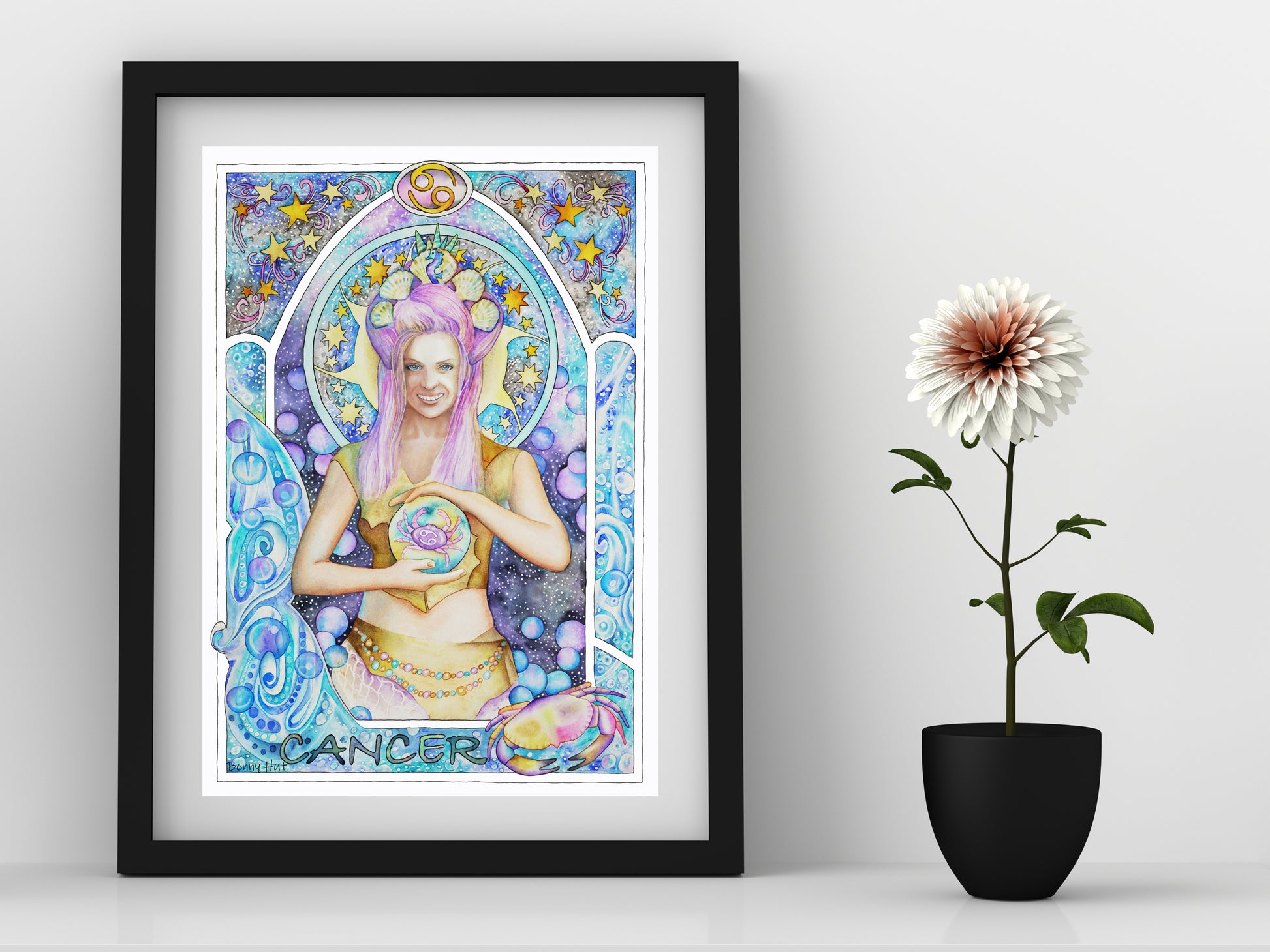 Cancer watercolor framed wall art prints, Art Nouveau Zodiac Star Sign birthday gifts from our Metaphysical store.