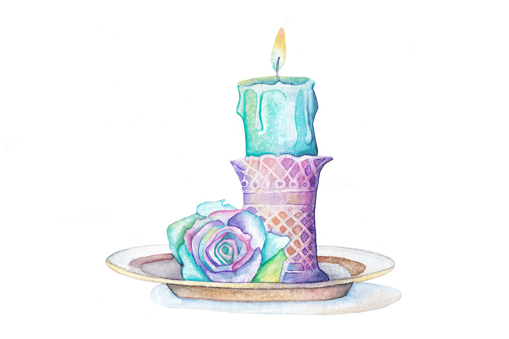 Colorful candle with a decorative holder on a white background. Wiccan pagan clipart instant download from hand-painted watercolor paintings. Great for  printing and creating your own witch gifts. 
