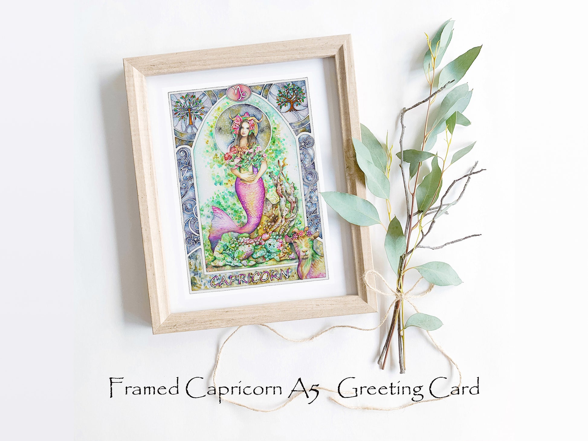 Capricorn Star sign Birthday Card. Zodiac Celestial Art Nouveau watercolor art folded cards. Framed card. 