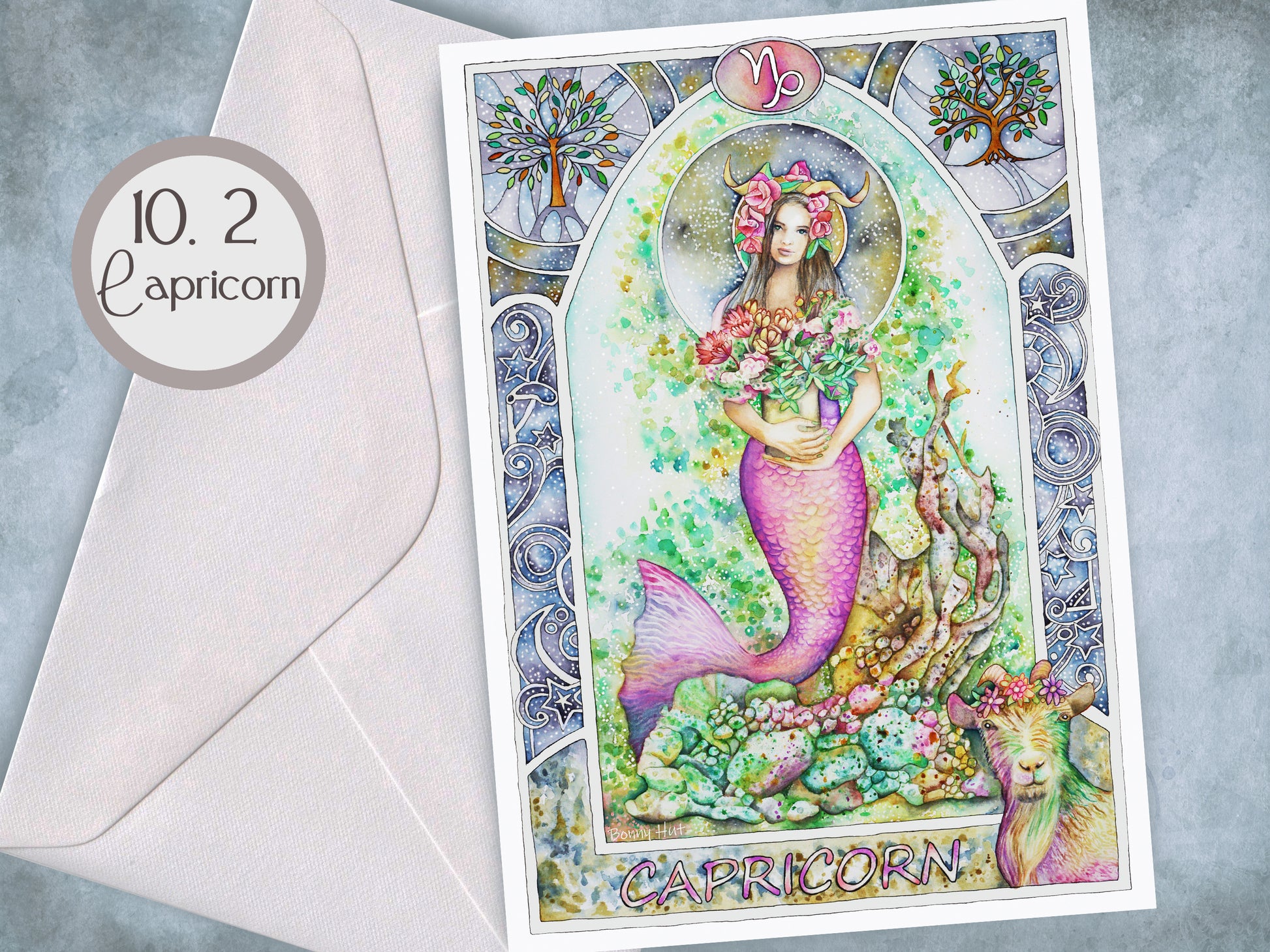Capricorn - 12 Star sign Birthday Card set. Zodiac Celestial Art Nouveau watercolor art folded cards pack or mixed option to choose from. 