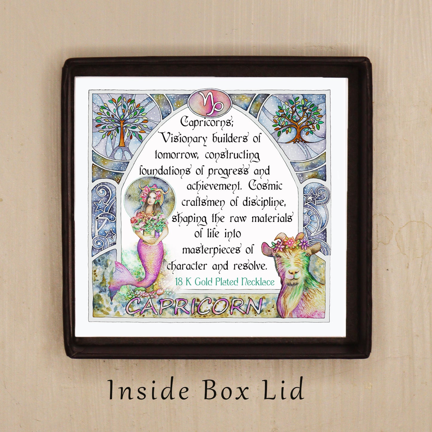 Capricorn birthday gift necklace-pendant, Zodiac star-sign jewellery. Spiritual Esoteric gifts for her. Great for horoscope astrology lovers. Inspiring phrase quote set in a beautiful art nouveau watercolor border frame. 