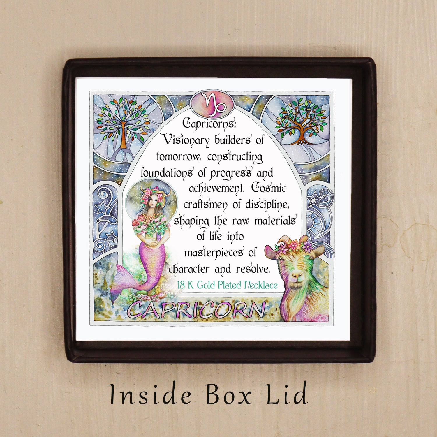 Capricorn birthday gift necklace-pendant, Zodiac star-sign jewellery. Spiritual Esoteric gifts for her. Great for horoscope astrology lovers. Inspiring phrase quote set in a beautiful art nouveau watercolor border frame. 