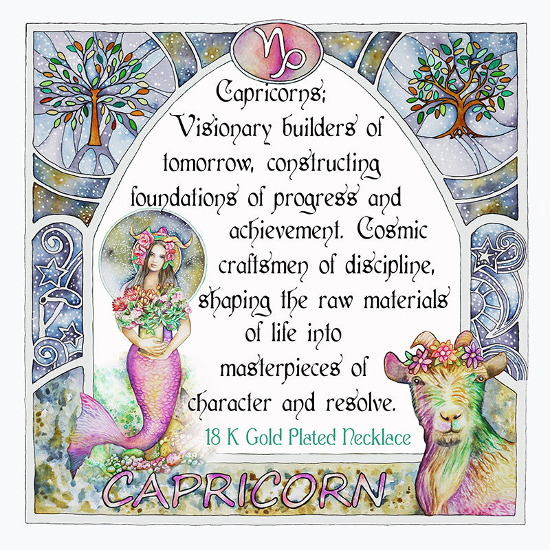 Capricorn  birthday gift necklace-pendant, Zodiac star-sign jewellery. Spiritual Esoteric gifts for her. Great for horoscope astrology lovers. Inspiring Taurian phrase quote set in a beautiful art nouveau watercolor border frame. 