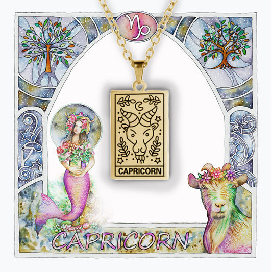 Capricorn birthday gift 18k gold plated necklace-pendant, Zodiac star-sign jewellery in a art nouvea inpired watercolor border