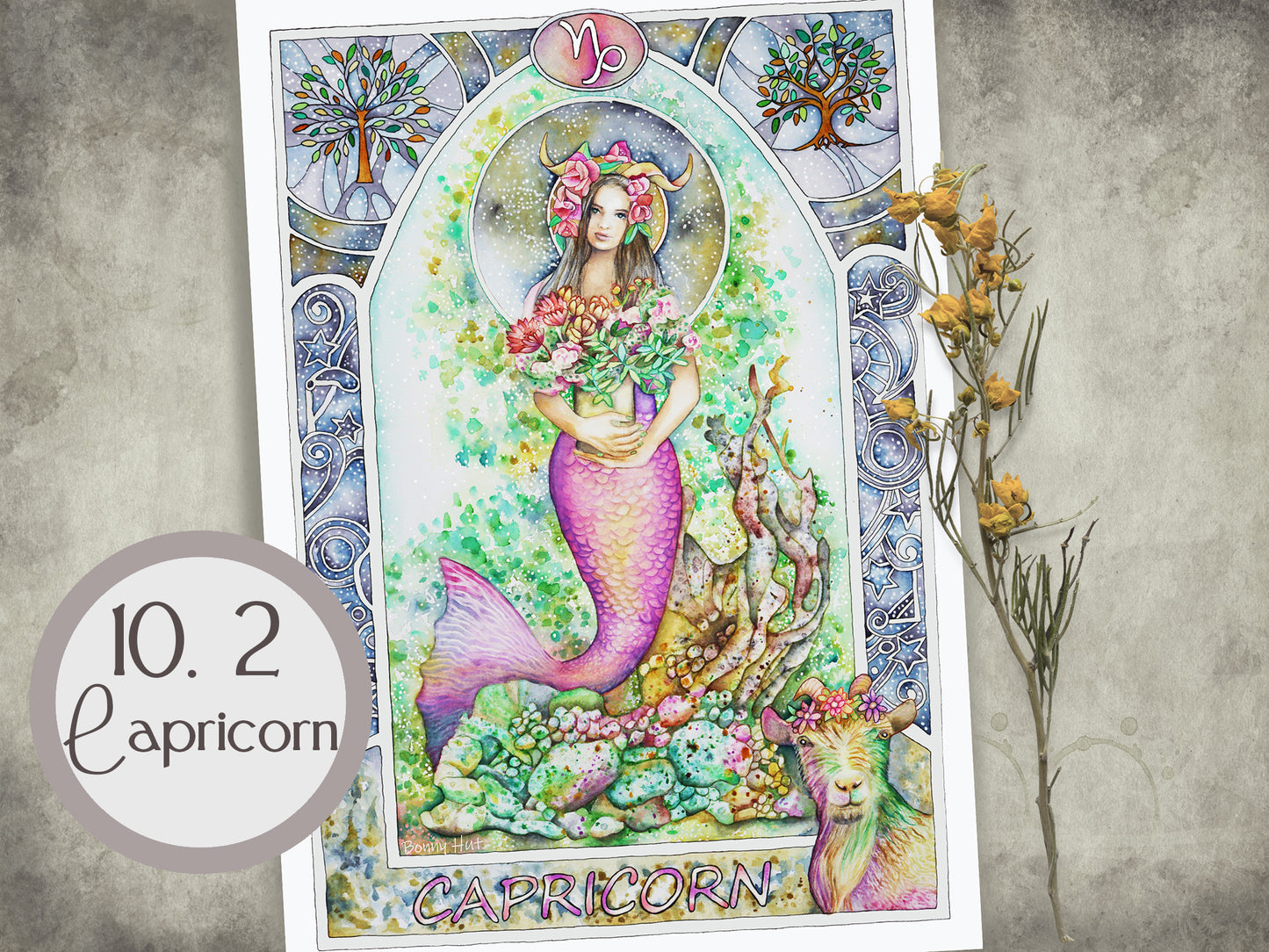 Capricorn Celestial watercolor wall art prints for sale, Art Nouveau Zodiac Star Sign birthday gifts from our Metaphysical store.