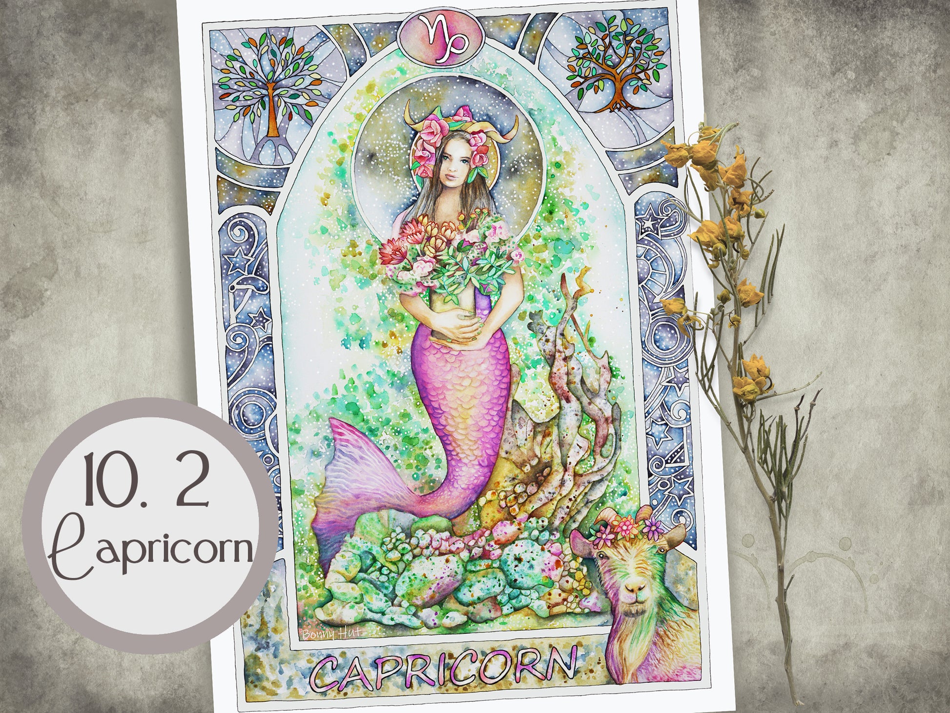 Capricorn Celestial watercolor wall art prints for sale, Art Nouveau Zodiac Star Sign birthday gifts from our Metaphysical store.