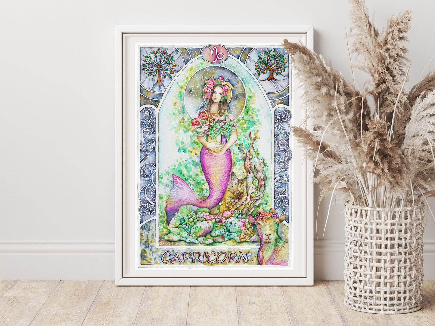 Capricorn watercolor wall art prints, Framed Art Nouveau Zodiac Star Sign birthday gifts from our Metaphysical store.