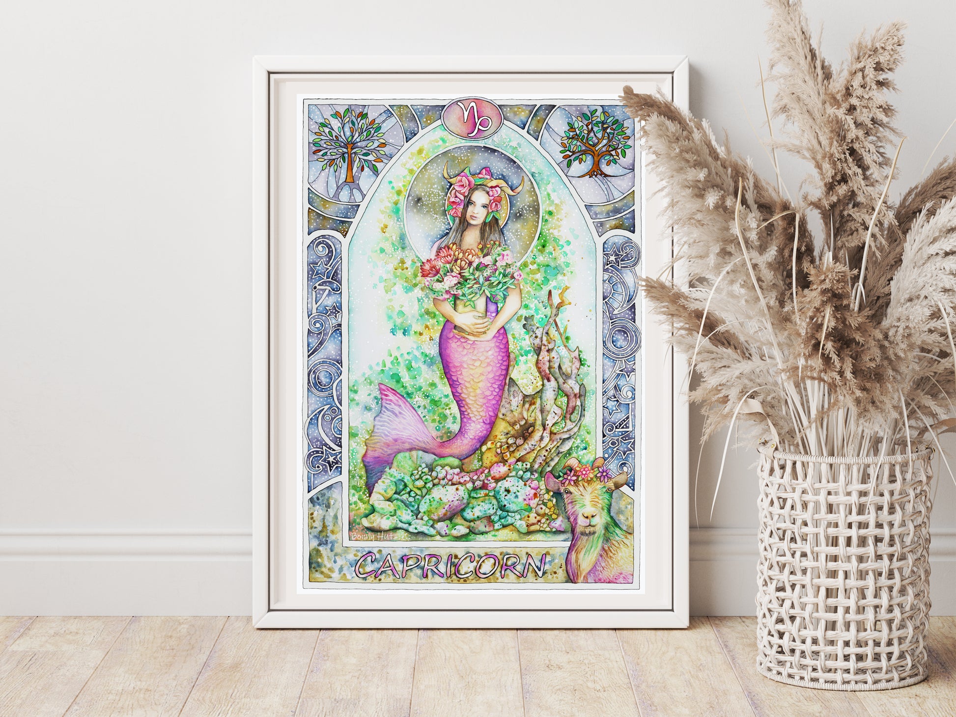 Capricorn watercolor wall art prints, Framed Art Nouveau Zodiac Star Sign birthday gifts from our Metaphysical store.