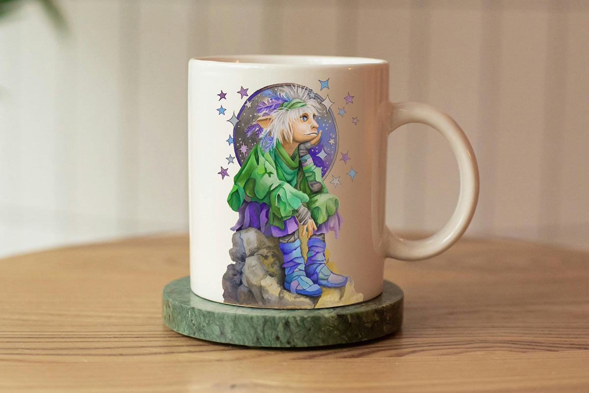 Mug with a colorful design of a spiritual pixie shaman character on a wooden surface.

Downloadable, printable wall art reproduced from a hand-painted  gouache painting. Instant access digital product.
