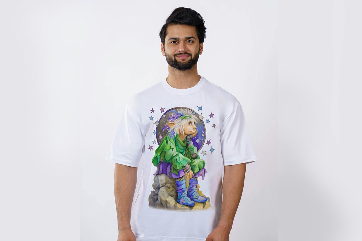 Person wearing a white t-shirt with a colorful spiritual pixie shaman design on a plain background.

Downloadable, printable wall art reproduced from a hand-painted  gouache painting. Instant access digital product.