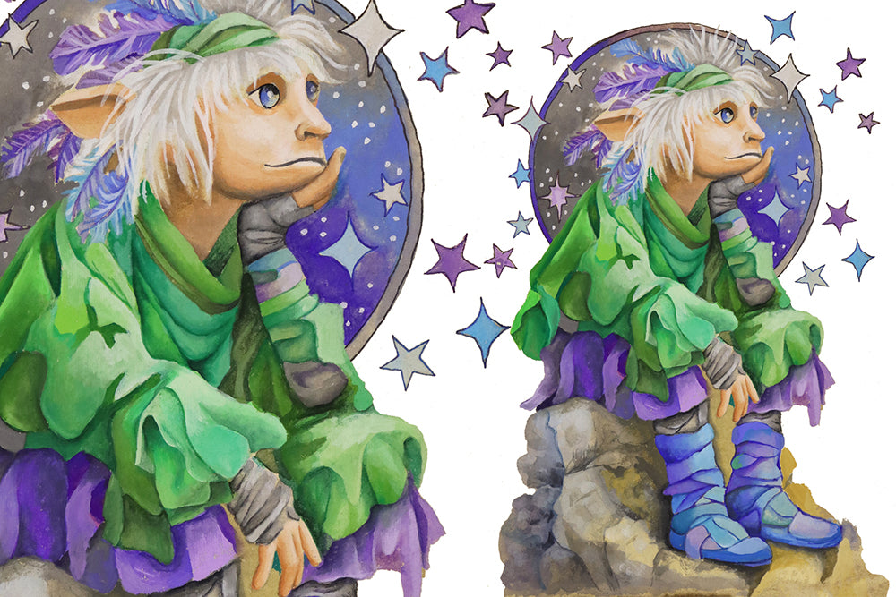 Shaman spiritual pixie character with green and purple outfit sitting on a rock with starry background.

Downloadable, printable wall art reproduced from a hand-painted  gouache painting. Instant access digital product.