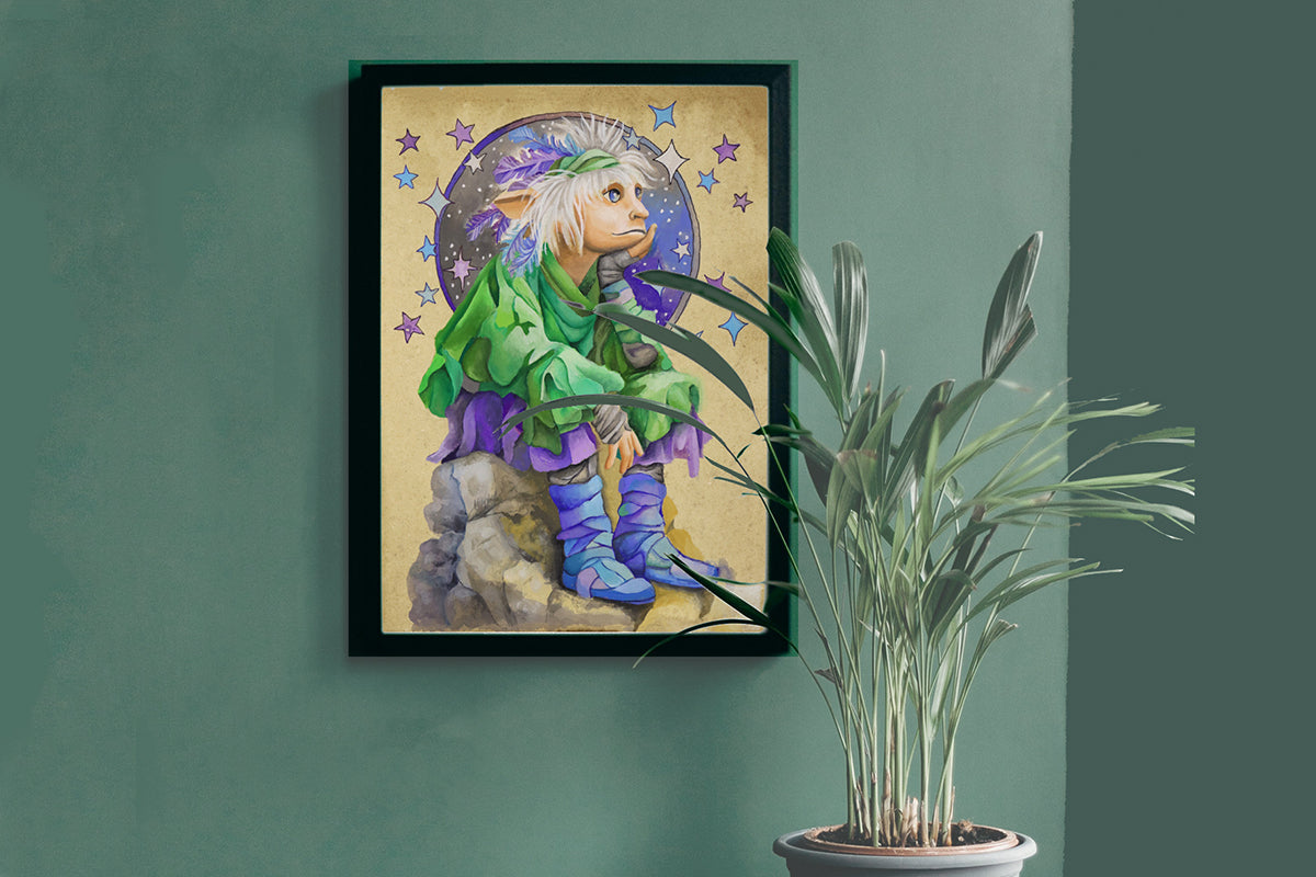 Framed artwork of a shamanic pixie character with green hair and a purple outfit on a green wall with a plant.

Downloadable, printable wall art reproduced from a hand-painted  gouache painting. Instant access digital product.