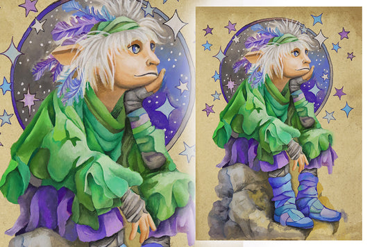 An illustration of a fantasy spiritual shaman pixie character with green and purple attire against a starry background.

Downloadable, printable wall art reproduced from a hand-painted  gouache painting. Instant access digital product.

