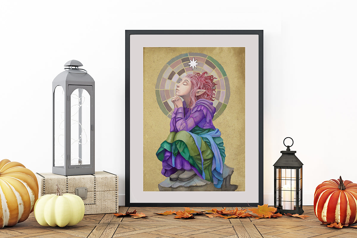Framed artwork of a stylized spiritual pixie woman with colorful clothing on a wooden floor with decorative pumpkins and lanterns.

Downloadable, printable wall art reproduced from a hand-painted  gouache painting. Instant access digital product. Great gifts for her.
