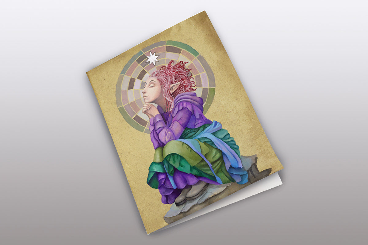 Greeting card with artistic design of a celestial pixie wishing on a star in colorful clothing on a textured background. 

Downloadable, printable wall art reproduced from a hand-painted  gouache painting. Instant access digital product. Great gifts for her.