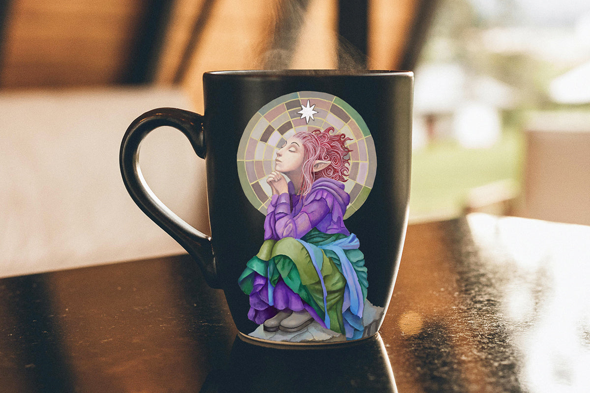 Black mug with a colorful illustration of a spiritual pixie woman meditating on a rock, surrounded by nature elements, on a wooden surface.

Downloadable, printable wall art reproduced from a hand-painted  gouache painting. Instant access digital product. Great gifts for her.