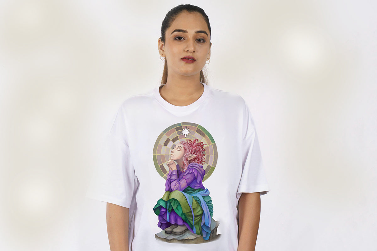 Person wearing a white t-shirt with a colorful illustration of a celestial spiritual pixie on a plain background.

Downloadable, printable wall art reproduced from a hand-painted  gouache painting. Instant access digital product. Great gifts for her.