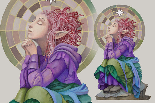 A celestial pixie figure with purple and green clothing sitting against a circular, multicolored background wishing upon a star. 

Downloadable, printable wall art reproduced from a hand-painted  gouache painting. Instant access digital product.