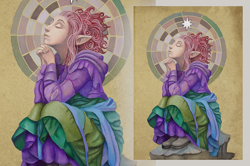 Artistic depiction of a celestial pixie character with colorful clothing and a star in the background.

Downloadable, printable wall art reproduced from a hand-painted  gouache painting. Instant access digital product. Great gifts for her.