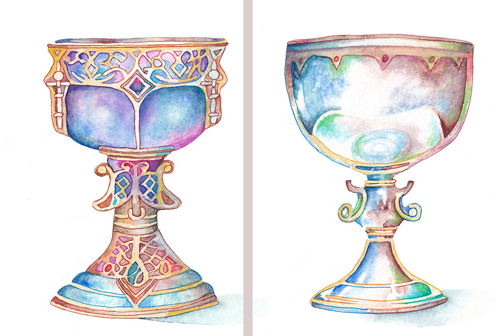 Decorative goblet Chalice with intricate designs in pastel colors on a white background. Wiccan, pagan clipart instant download from hand-painted watercolor paintings. Great for journals pagan products, book of shadows and creating your own witch gifts. 