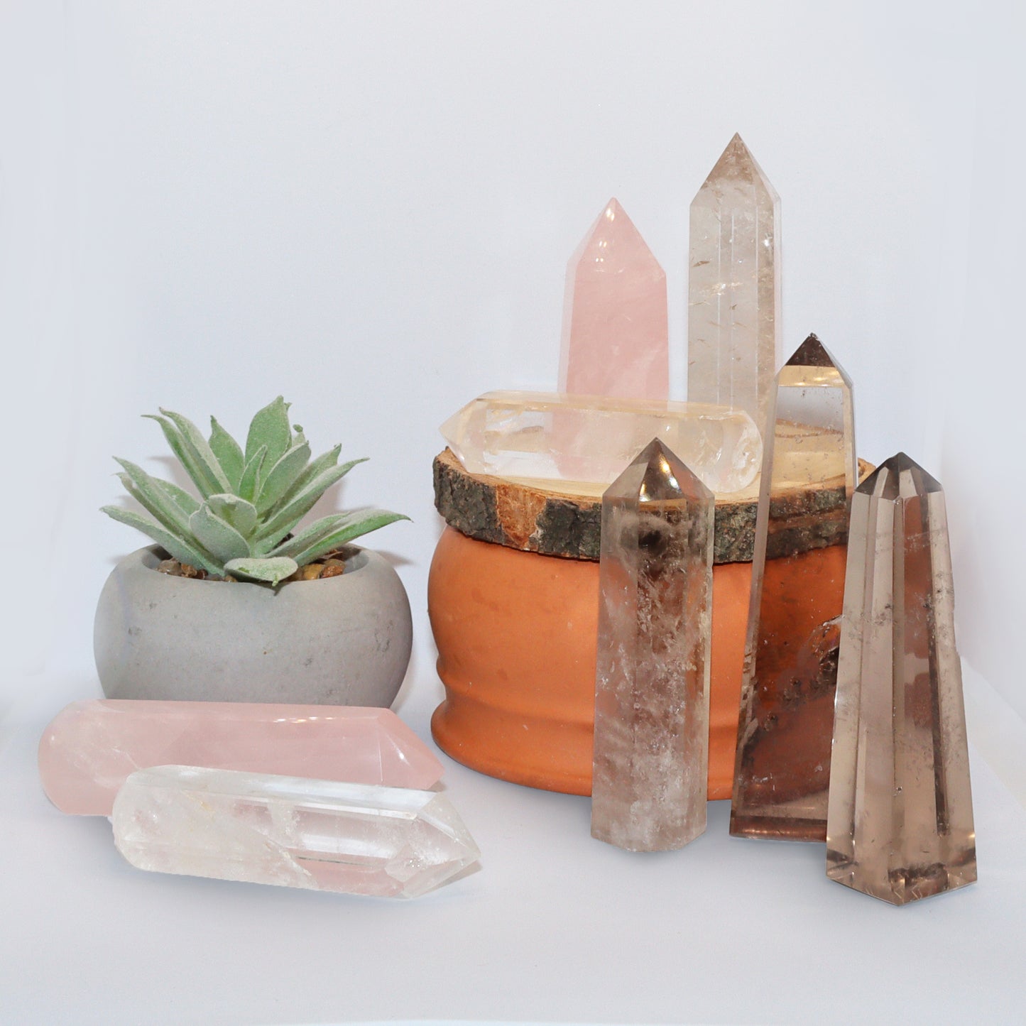 Rose, Clear & Smokey Quartz towers & wands.