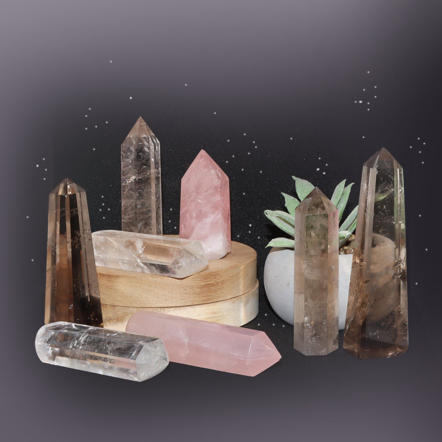 Rose, Clear & Smokey Quartz towers & wands.